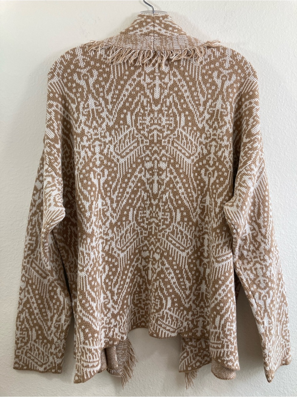 Lucky Brand Boho Fringe Cardigan Size L Tan Cream Open Knit Sweater - Picture 10 of 13